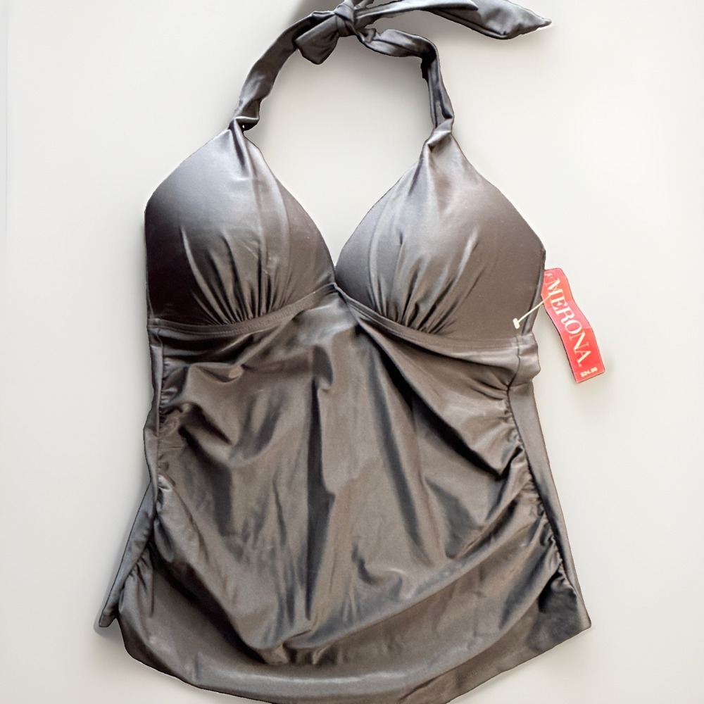 MERONA Tankini Womens XL Black Swim Top Beach Travel Vacation Built In Bra NEW